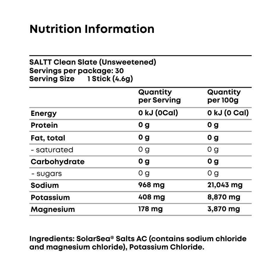 SALTT Clean Slate (Unflavoured) - Electrolyte Powder Drink Mix - 30 Pack and Single Stick Options