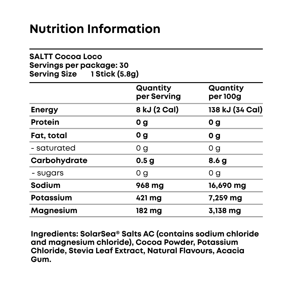 SALTT Cocoa Loco - Electrolyte Powder Drink Mix - 30 Pack and Single Stick Options