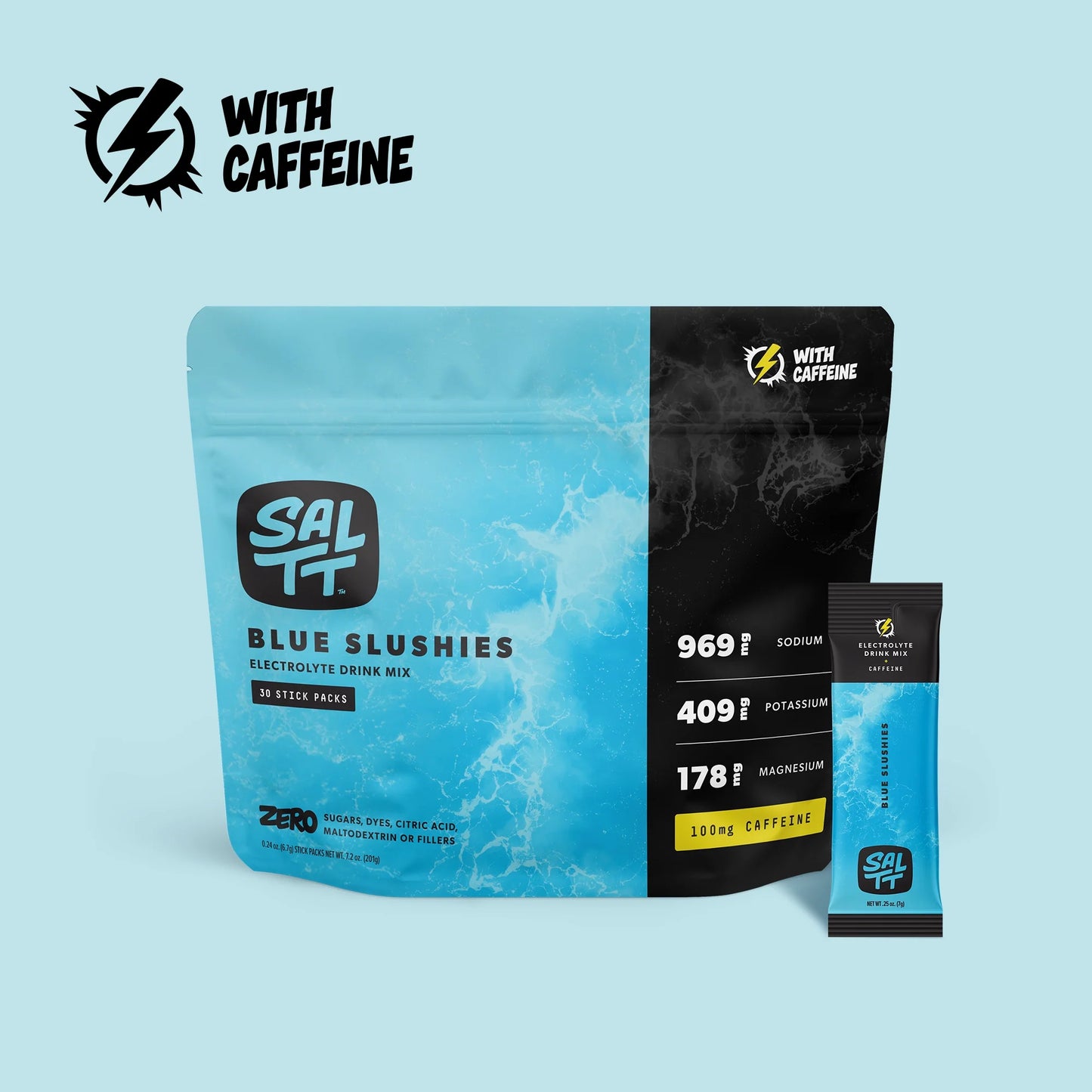 SALTT Blue Slushies + Caffeine- Electrolyte Powder Drink Mix - 30 Pack and Single Stick Options