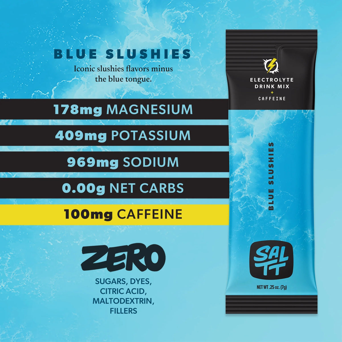 SALTT Blue Slushies + Caffeine- Electrolyte Powder Drink Mix - 30 Pack and Single Stick Options