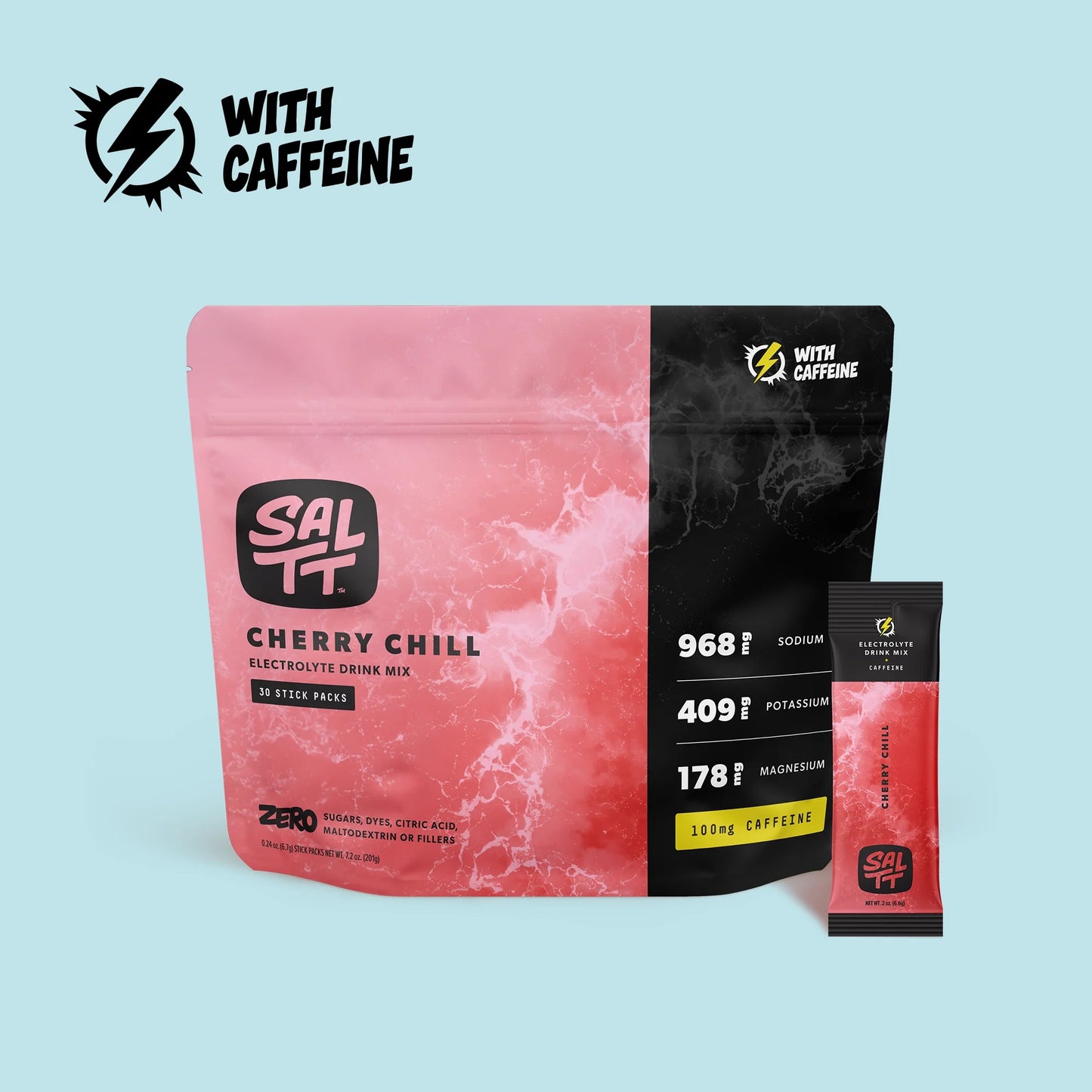 SALTT Cherry Chill + Caffeine- Electrolyte Powder Drink Mix - 30 Pack and Single Stick Options