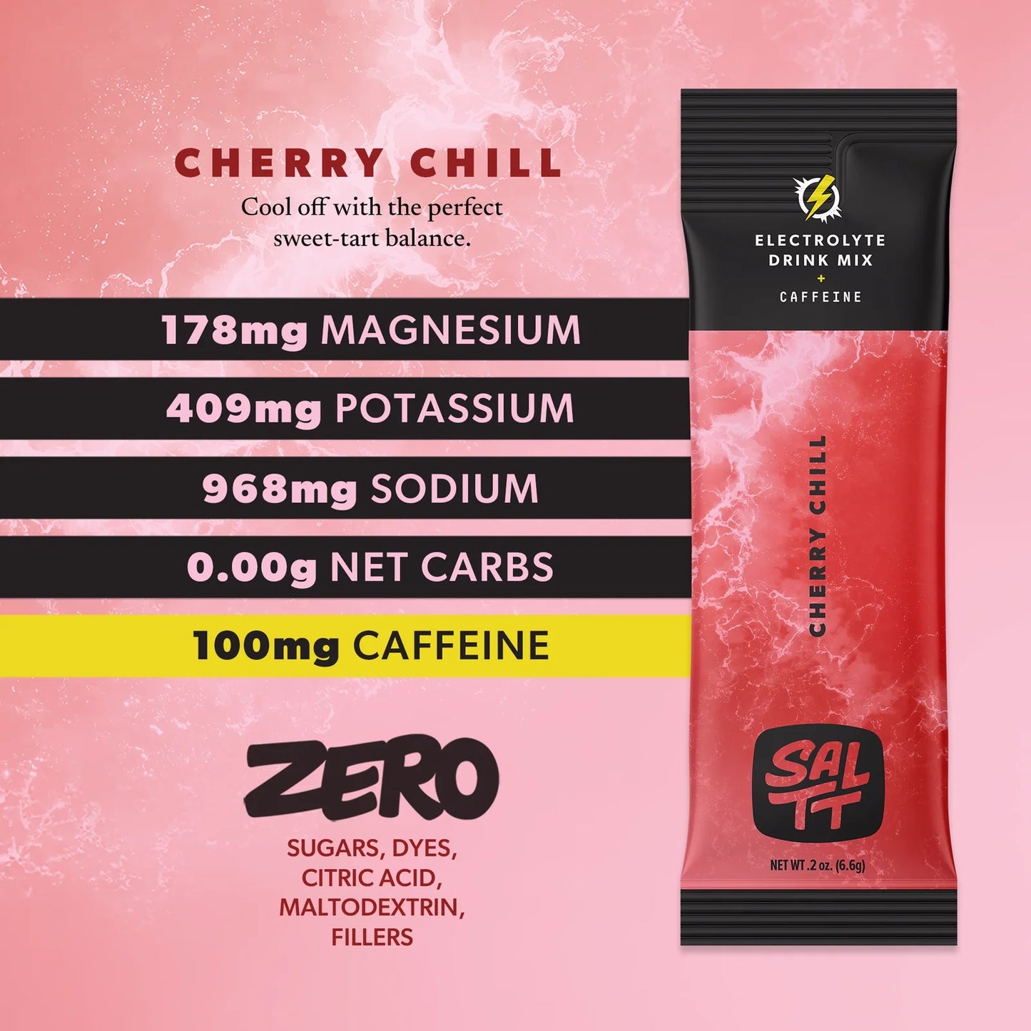 SALTT Cherry Chill + Caffeine- Electrolyte Powder Drink Mix - 30 Pack and Single Stick Options