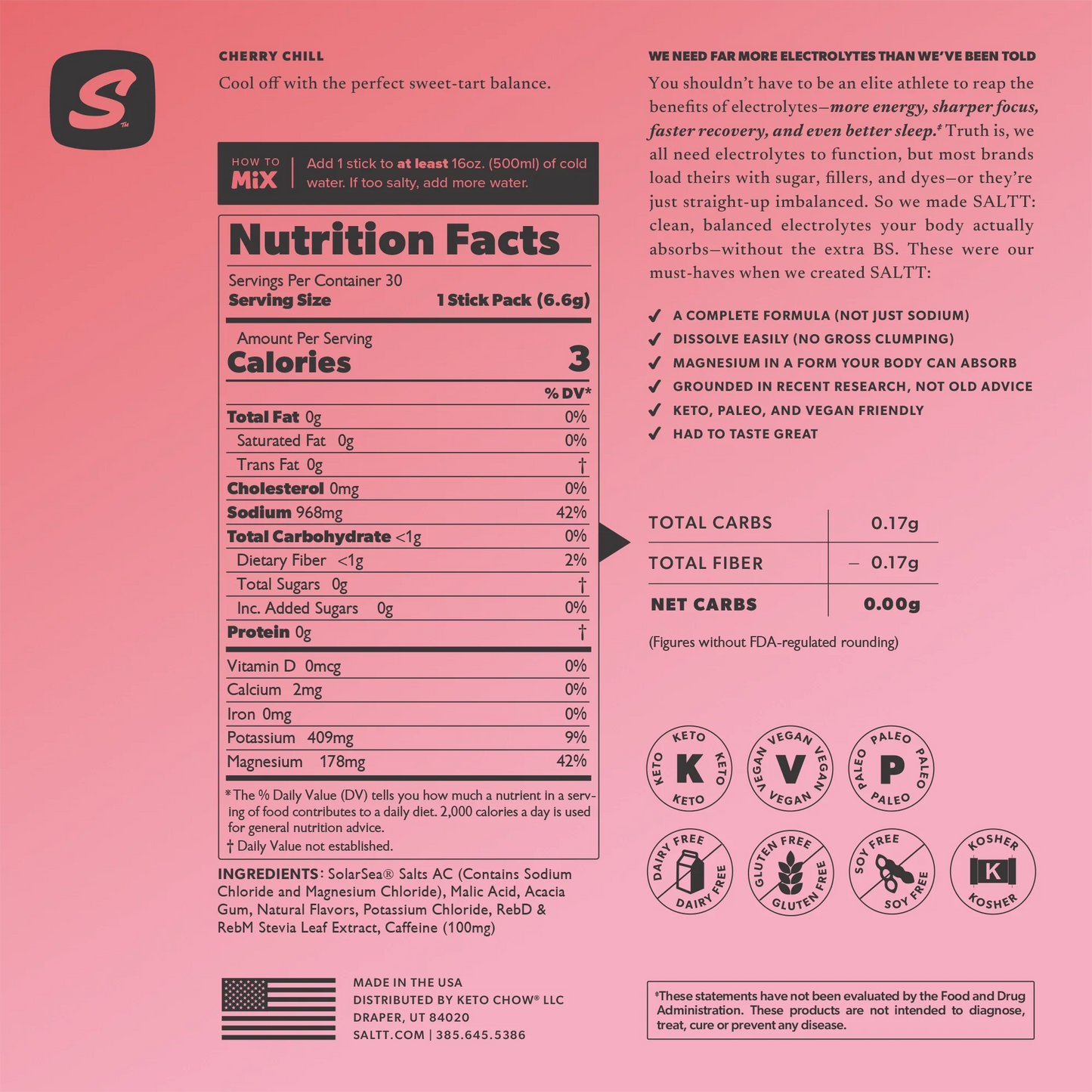 SALTT Cherry Chill + Caffeine- Electrolyte Powder Drink Mix - 30 Pack and Single Stick Options
