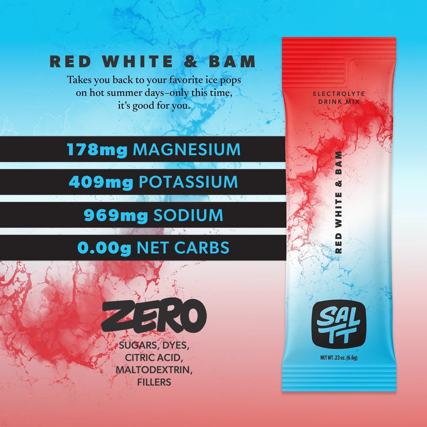 SALTT Red White and Bam - Electrolyte Powder Drink Mix - 30 Pack and Single Stick Options