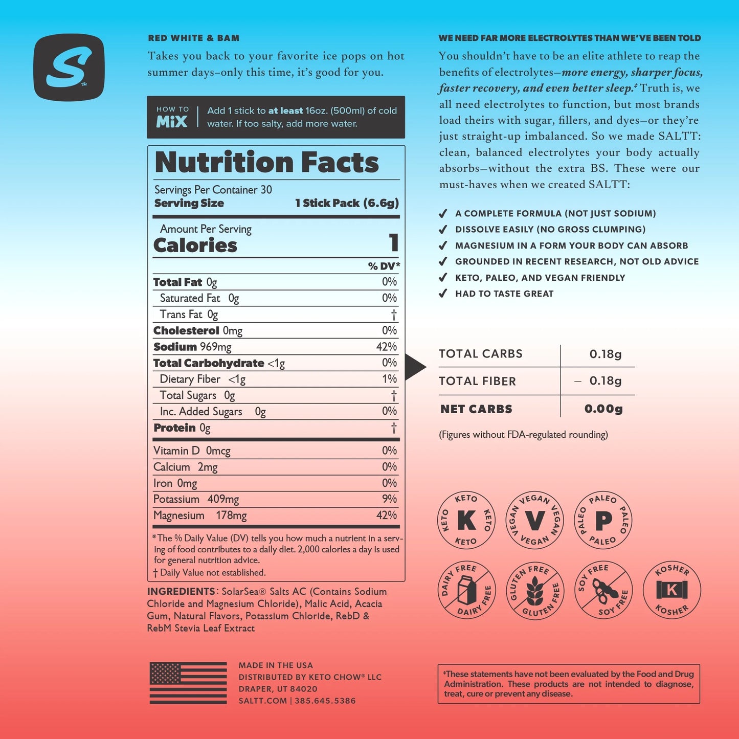 SALTT Red White and Bam - Electrolyte Powder Drink Mix - 30 Pack and Single Stick Options