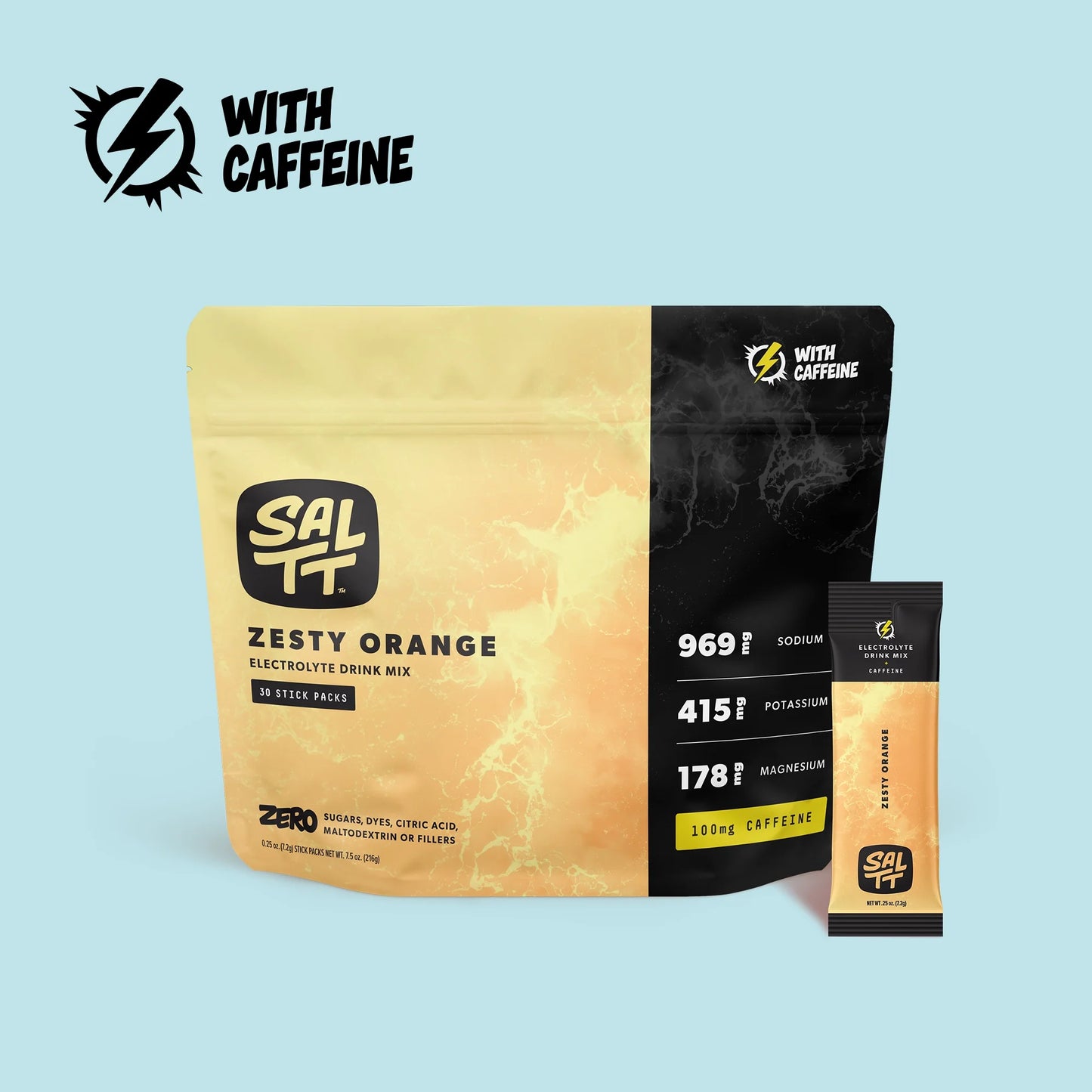 SALTT Zesty Orange + Caffeine - Electrolyte Powder Drink Mix - 30 Pack and Single Stick
