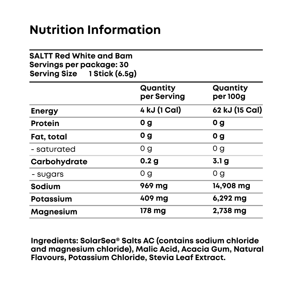 SALTT Red White and Bam - Electrolyte Powder Drink Mix - 30 Pack and Single Stick Options